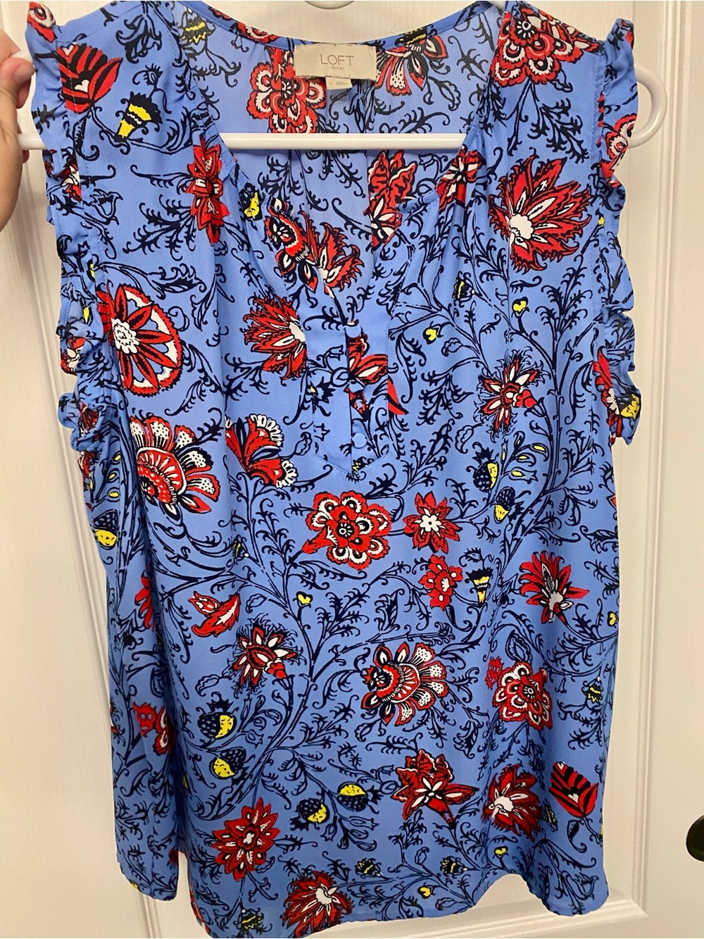 LOFT Blue Floral Cap-Sleeve Blouse with Red & Yellow Accents